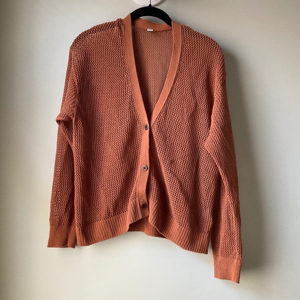 UNIQLO Mesh V-Neck Long-Sleeved Short Cardigan Rust Orange Medium